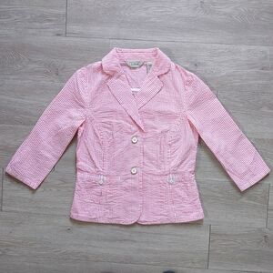 LL Bean Women's Blazer Jacket Size 6-Reg Pink White Striped Cropped 3/4 Sleeves